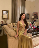 Niulatu Gold Deep V Neck Long A Line Prom Evening Dress HZ1007