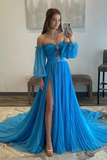 Niulatu Chiffon A-Line Off the Shoulder Formal Dress Blue Puff Sleeve Evening Dress with Split HZ1007