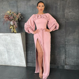 Niulatu Boat Neck Prom Dress Long Sleeves High Slit Satin Evening Dress Buttoned Cuffs Sheath Formal Party Dress HZ1007