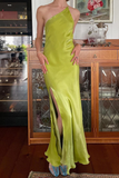 Niulatu Green Sheath One Shoulder Long Party Prom Dress With Slit Backless Evening Dress HZ1007