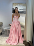 Niulatu A Line Sweetheart Neck Pleated Satin Prom Dress Wedding Guest Dress with Slit HZ0113