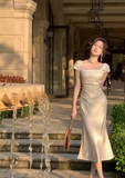 Niulatu Square Neck Long Party Dress Beige Satin Mermiad Prom Evening Dress HZ1007