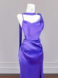 Niulatu Purple Mermaid Spaghetti Strap Satin Long Prom Dress Party Dress HZ0113