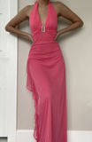 Niulatu Pink Chiffon Ruffles Evening Dress V Neck Prom Dress HZ1007