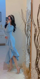 Niulatu Light Blue Women's Prom Dresses V Neck Long Sleeves Formal Occasion Dress Temperament Evening Dress HZ1007