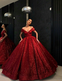 Niulatu Burgundy Ball Gown Off the Shoulder Sequin Prom Dress Wedding Guest Dress HZ0113