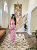 Niulatu Halter Pink Satin Print Long Prom Dress Evening Dress HZ1007