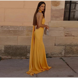Niulatu Satin Backless Off-Shoulder Long Prom Dress Evening Dress HZ1007