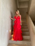 Niulatu Red A-line Tiered Ruffle Prom Dress Red Evening Dress HZ1007