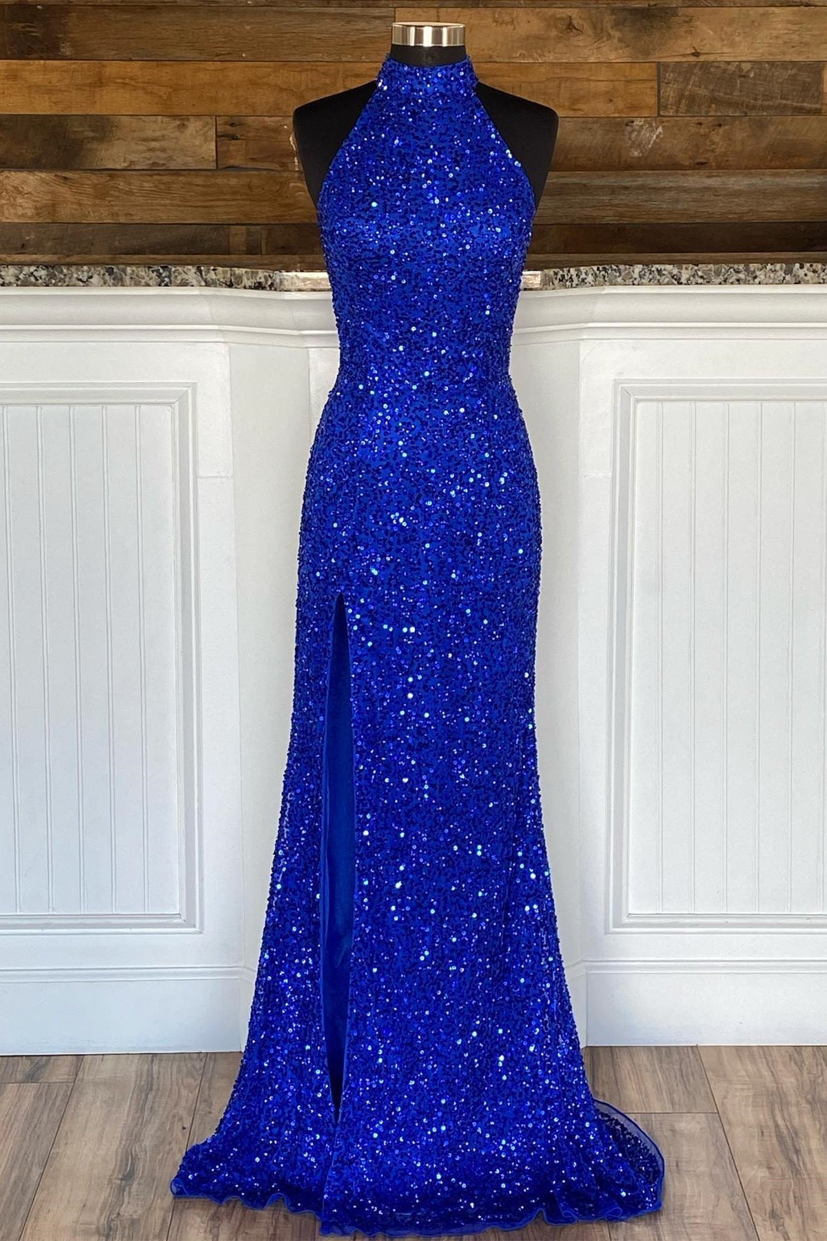 High Neck Royal Blue Sequin Mermaid Long Formal Dress with Detachable HZ0308