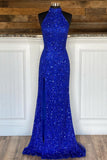 High Neck Royal Blue Sequin Mermaid Long Formal Dress with Detachable HZ0308