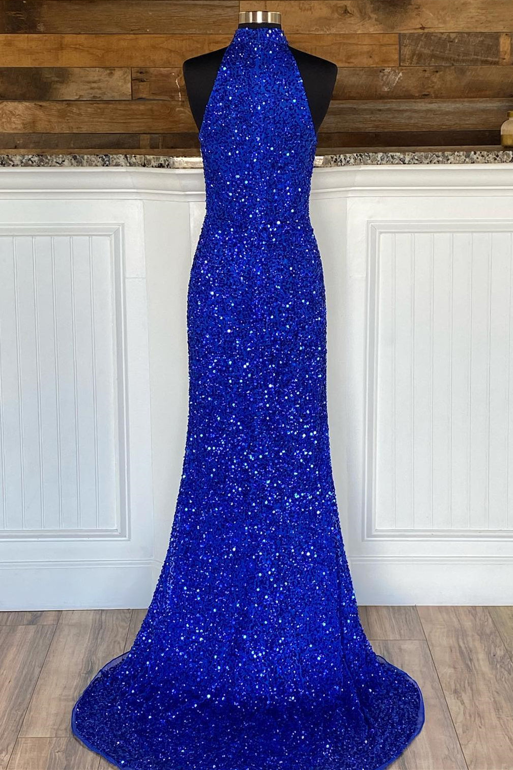 High Neck Royal Blue Sequin Mermaid Long Formal Dress with Detachable HZ0308