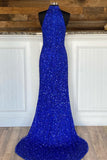 High Neck Royal Blue Sequin Mermaid Long Formal Dress with Detachable HZ0308