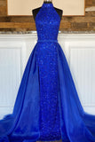 High Neck Royal Blue Sequin Mermaid Long Formal Dress with Detachable HZ0308