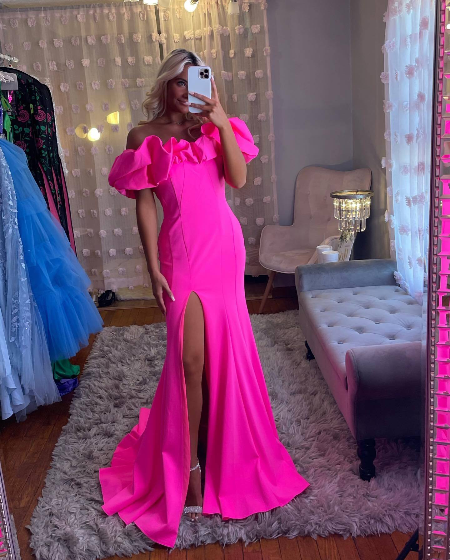 Hot Pink Off the Shoulder Mermaid Long Formal Dress with HZ0308