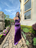Niulatu Purple Sweetheart Neck Sheath Satin Long Prom Evening Dress HZ1007