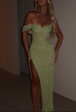 Niulatu Sage Green Sequins Off-The-Shoulder Split Prom Dress Formal Evening Gown HZ1007