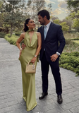 Niulatu Halter Green Satin Prom Dress Lonr Evening Dress HZ1007