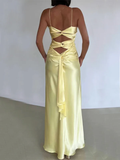 Niulatu Yellow V Neck Satin A Line Prom Dress Evening Dress HZ1007