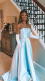 Niulatu Strapless Light Blue Pearl Beaded Birthday Party Dress Formal Prom Evening Dress HZ1007