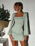 Niulatu Sheath Long Sleeve Pleated Satin Mini Homecoming Dress Cocktail Dress HZ0113
