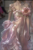 Niulatu Spaghetti Straps Pink Chiffon Prom Dress Evening Dress With 3D Flowers HZ1007