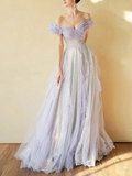 Niulatu Off Shoulder Sequin Tulle Long Prom Dress Purple Formal Evening Dresses HZ1007
