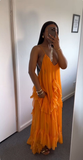 Niulatu V Neck Chiffon Ruffles Party Evening Dress Orange Prom Dress HZ1007