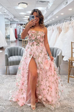 Niulatu Line Pink Floral Long Prom Dresses with High Slit Formal Graduation Evening Dresses HZ1007