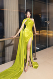 Niulatu Green Halter Satin Slit Mermaid Prom Dress Long Evening Dress HZ1007