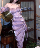 Niulatu Purple Sheath Halter Satin Prom Dress Party Dresses with Slit HZ0113