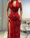 Niulatu Red Sheath V Neck Beaded 3D Floral Lace Prom Dress Evening Dress HZ0113