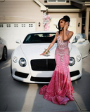 Niulatu Pink Sequin Beaded Mermaid Evening Dress Prom Dress HZ0113