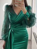 Niulatu Green Mermaid V Neck Satin Evening Dress Long Sleeves HZ1007