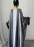 Niulatu Satin Long Formal Evening Dress Long Sleeves Prom Dress With Feathers HZ1007