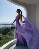 Niulatu Purple V Neck Tulle Prom Dress Long Evening Gown HZ1007