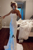 Niulatu Spaghetti Straps Mermaid White Sequin Prom Evening Dress HZ1007