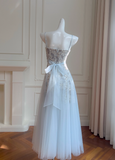 Niulatu A Line Spaghetti Strap Floral Blue Tulle Prom Dress Wedding Guest Dress HZ0113