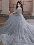 Niulatu Beaded Off Shoulder Tulle Prom Dress, A-line Grey Evening Dress Party Dress HZ0113