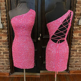 Niulatu Pink Sequins Tight One Shoulder Homecoming Dress HZ0113