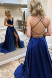 Niulatu satin long A line prom dress blue evening dress HZ0113