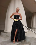 Niulatu Sheath Strapless Satin Slit Black Sexy Long Prom Dresses HZ1110