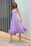 Niulatu A line Spaghetti Straps Lilac Satin Evening Dress Ruffles Prom Dresses HZ1110