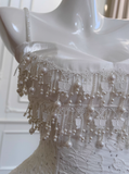 Niulatu A Line Spaghetti Strap Tiered Pearl White Lace Party Dress Evening Dress HZ0113