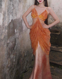 Niulatu Mermaid Spaghetti Straps Orange Satin Chiffon Long Prom Dress Evening Dress HZ0113