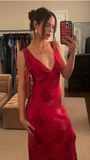 Niulatu Deep V Neck Print Floral Evening Dress Prom Gown HZ1007