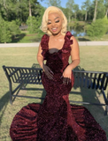 Niulatu Sequins Mermaid Long Prom Dress Burgundy Evening Dress HZ1007