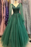 Niulatu tulle beads V Neck long Sleeve prom dress green evening dress HZ1007