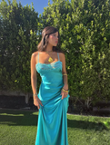 Niulatu Lake Blue A Line Spaghetti Strap Lace Satin Prom Dress HZ0113