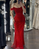 Niulatu Off Shoulder Sequins Red Prom Dress Evening Dress With Side Slit HZ1007